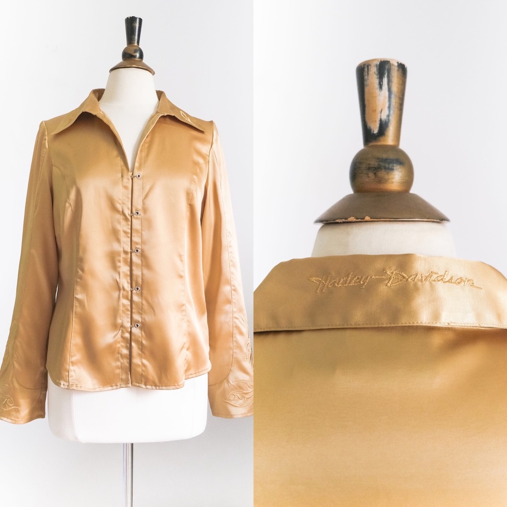 Vintage 1990s Harley Davidson Satin Blouse • M